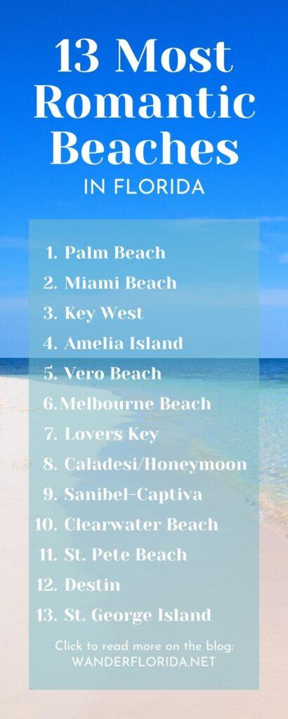 13 Romantic Beaches in Florida Offer the Perfect Couple's Getaway 14 Infographic with the photo of a Florida beach with the 13 romantic beaches in Florida listed.