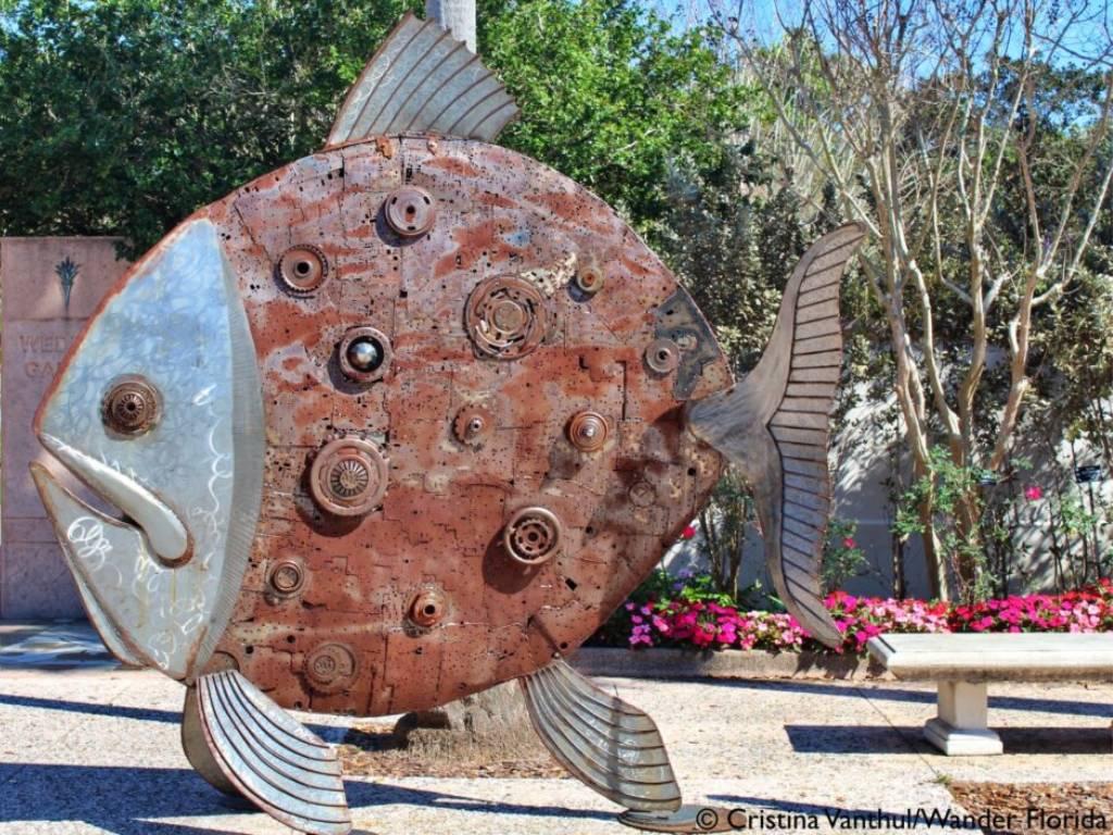 Florida Botanical Gardens - A Beautiful Hidden Gem in Largo 44 A large metal sculpture of a fish stands in one of the courtyards at Florida Botanical Gardens.