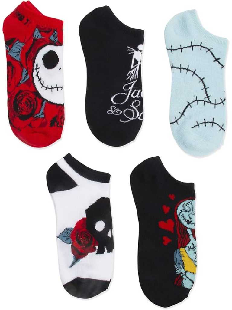 Five socks showing the different designs of Disney's A Nightmare Before Christmas socks.