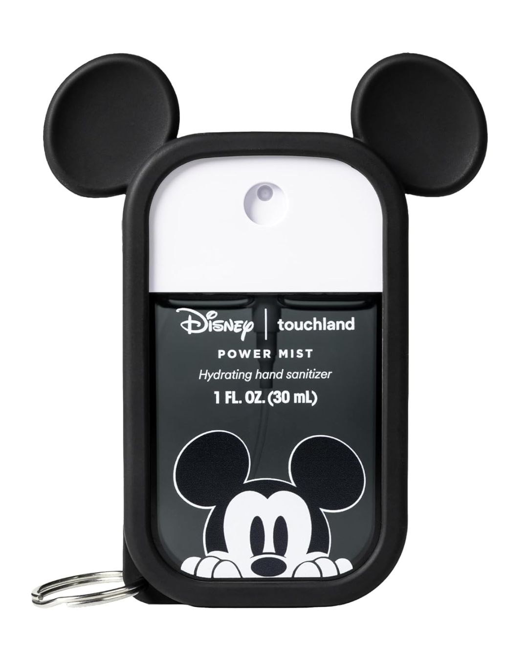 A Mickey Mouse-themed hand sanitizer with black ears, featuring a white and black design. The playful tone fits Disney's fun, whimsical style.