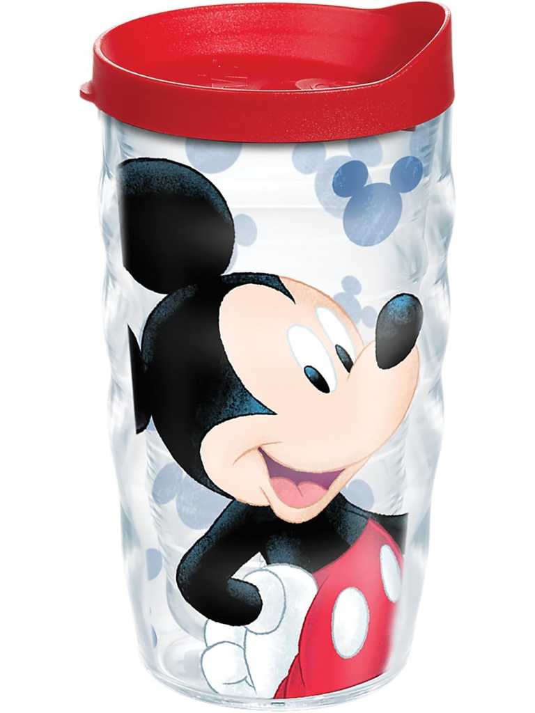 Tervis tumbler with Mickey Mouse on the side and a red lid.