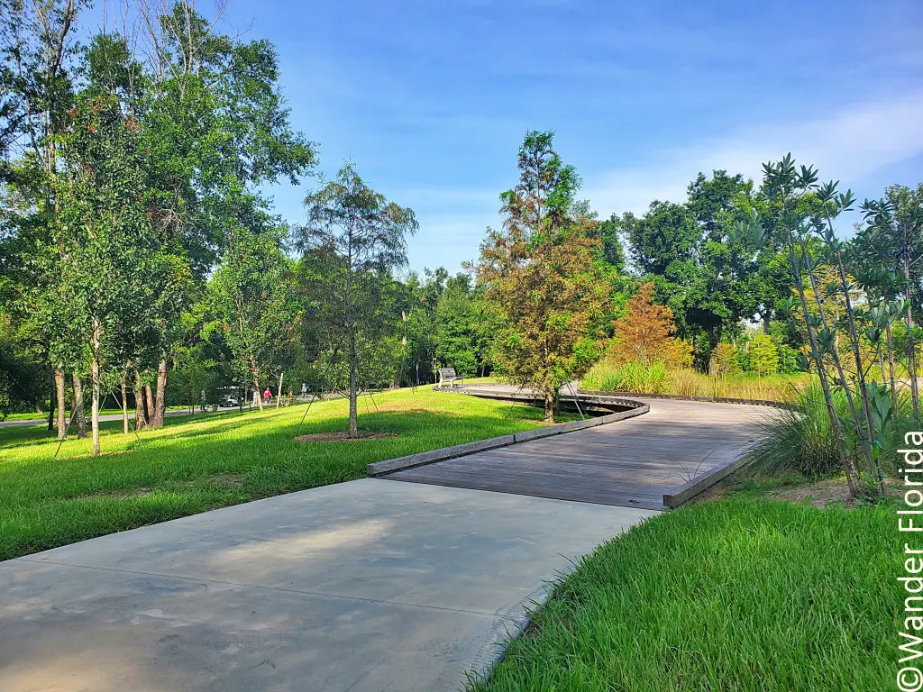 A six-foot-wide paved walkway offers plenty of space for walking.