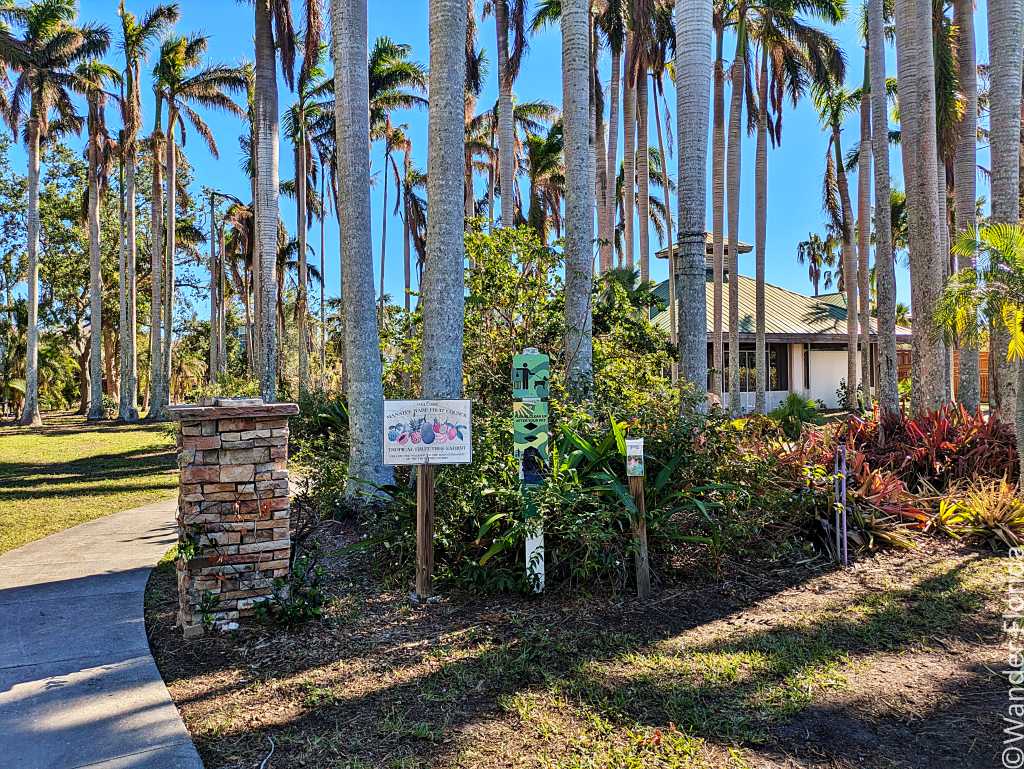 A sunny garden scene with tall palm trees, a pathway, and a wooden sign featuring colorful illustrations. A building is visible in the background.
